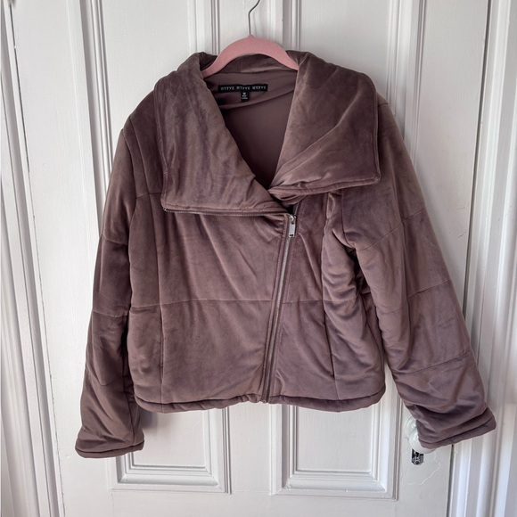 HyFve High Neck Asymmetrical Front Zip Puffer Jacket Brown Size Medium - Picture 3 of 12